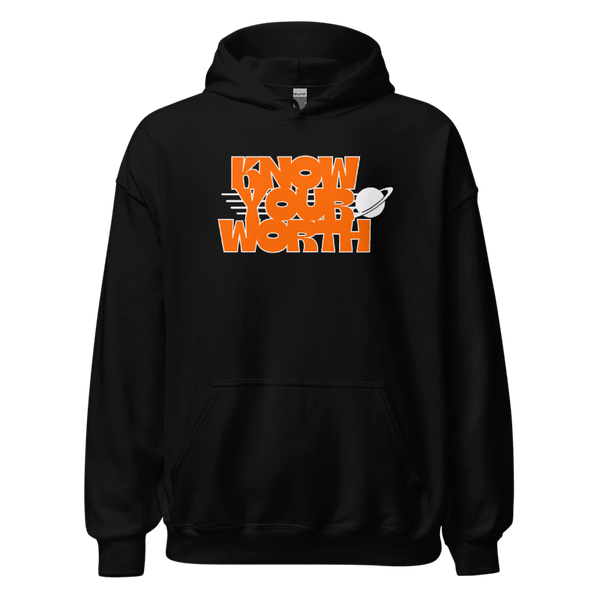 Black hoodie with orange text and logo on a white background
